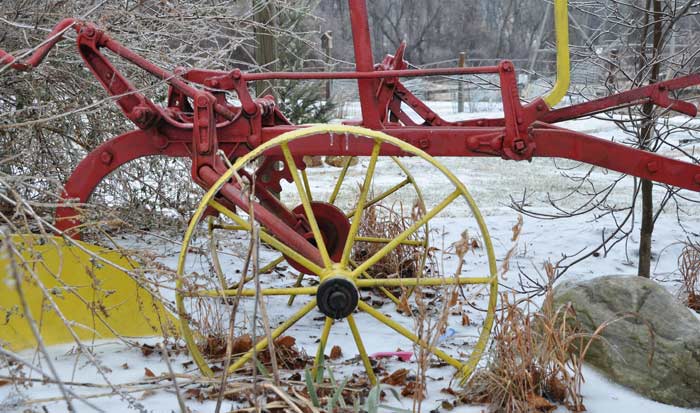 Using found objects as focal points can add color, structure and something unexpected to the winter landscape.