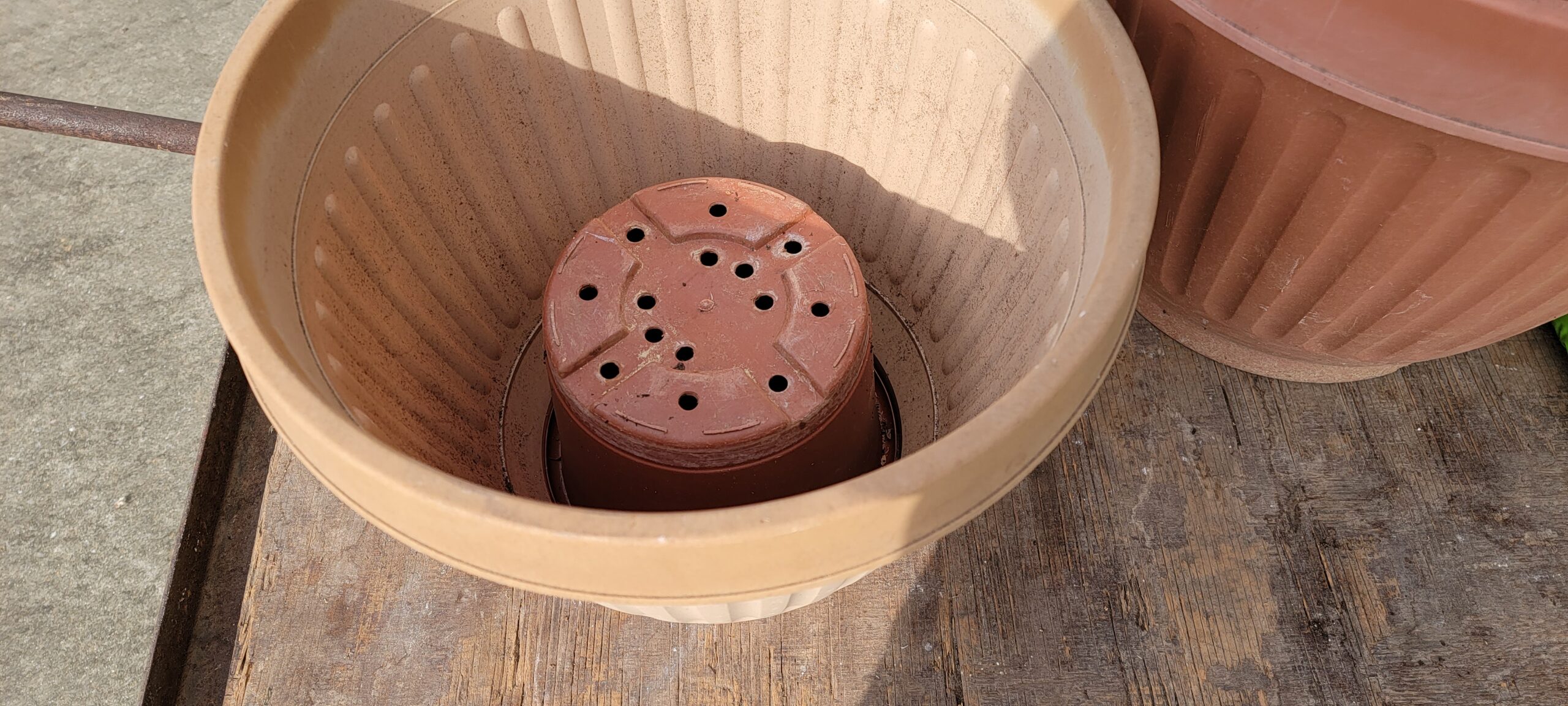Re-potting Using A Smaller Pot Inside the larger pot to save on soil