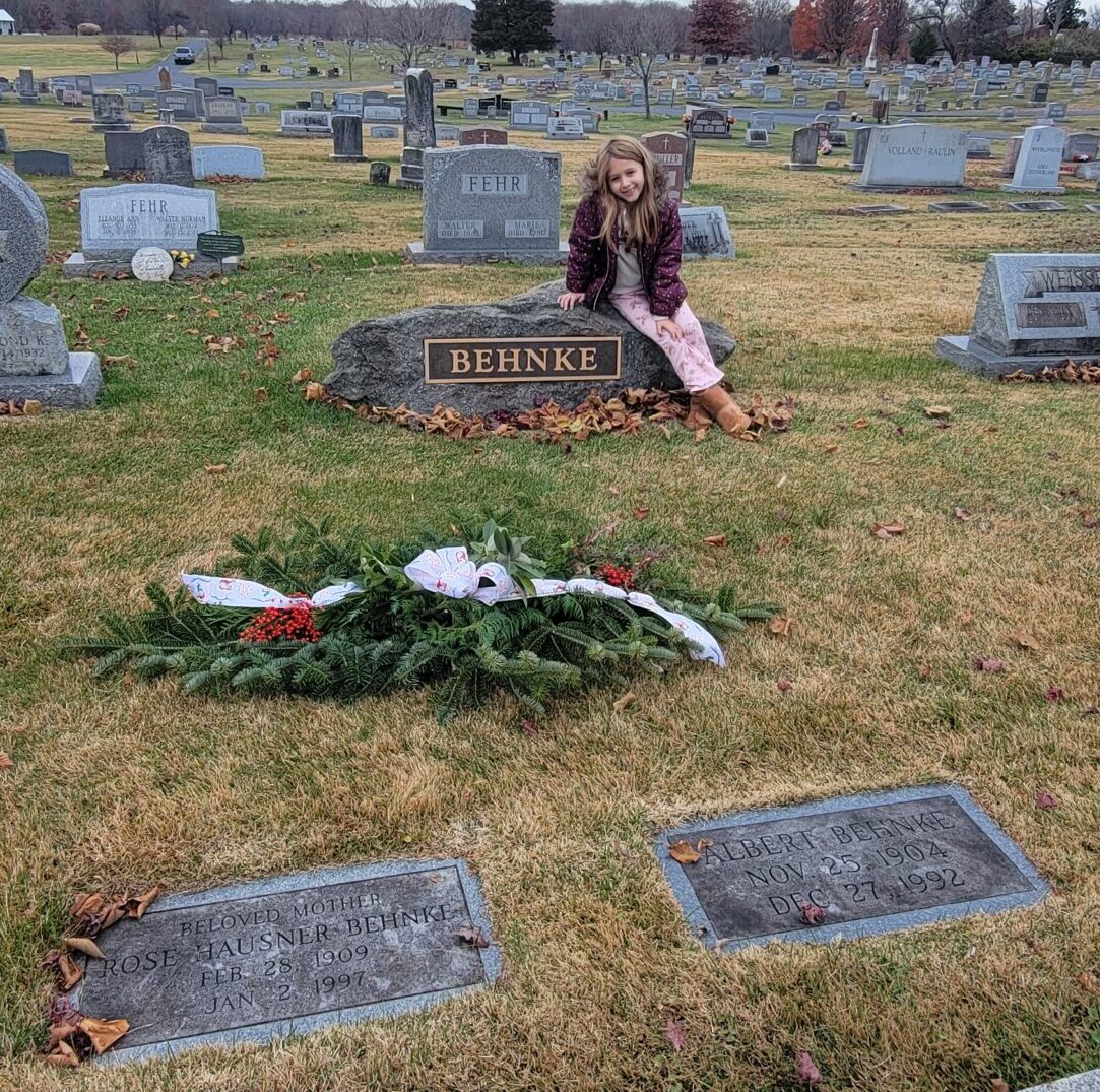 Zoe with Grave Blanket at Albert & Rose Behnke's grave site