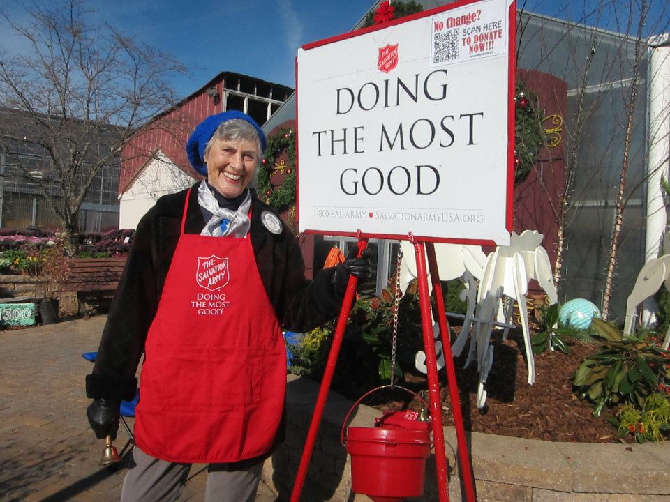 Sonja ringing the Salvation Army Bell for the Beltsville Rotary at Behnke Nurseries