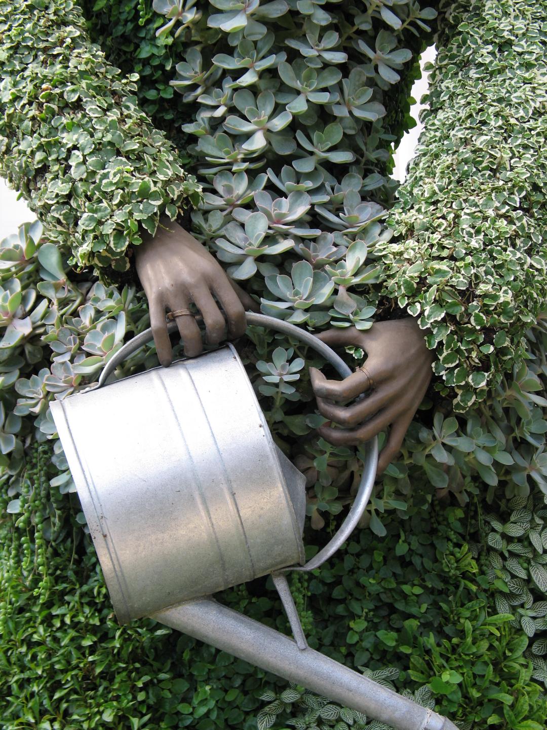 display piece of a mannikin or statue clothed in small tropical plants at the Montreal Botanical Garden