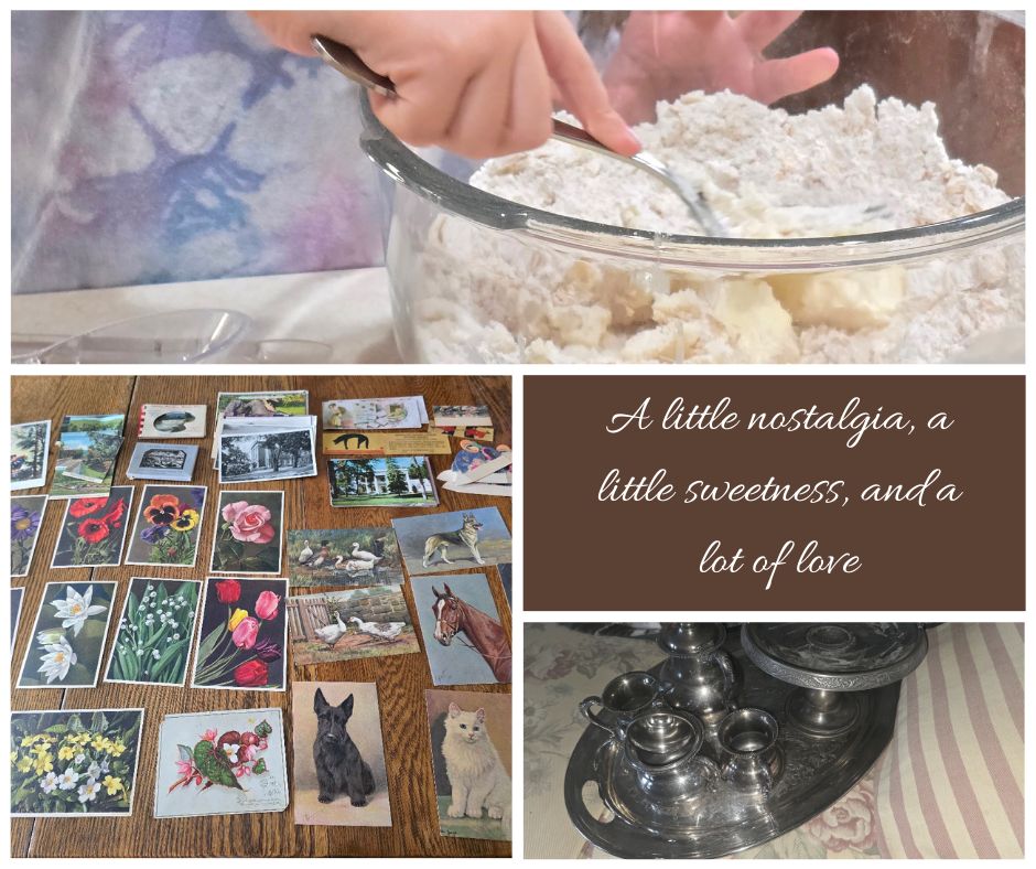 Photos of old post cards, tea set and making apple crisp